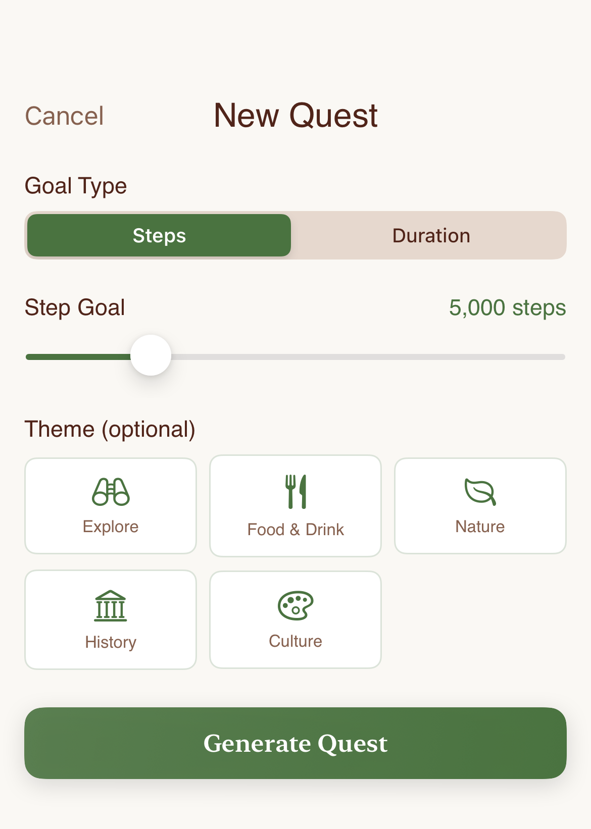 New Quest screen. Goal type toggle set to Steps, step-goal slider at 5,000, and five theme chips: Explore, Food & Drink, Nature, History, Culture, with a Generate Quest button.